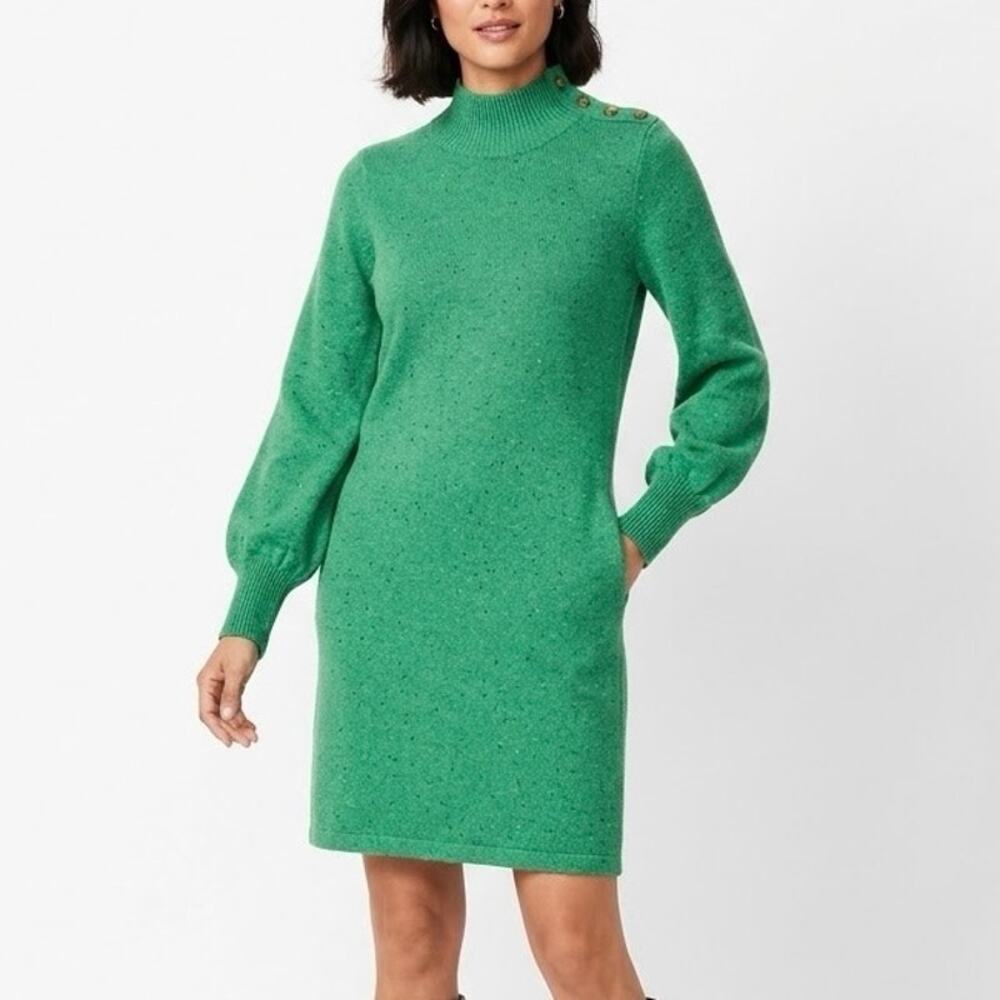 Talbots Tweed Mockneck Sweater Dress Medium Green Flecked Button Shoulder Size M